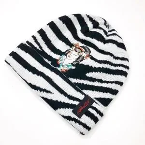 Ed Hardy Black White Zebra Print Geisha Embroidered Graphic Slouchy Beanie Hat Ed Hardy | Accessories | Ed Hardy Black White Zebra Print  main image 2
